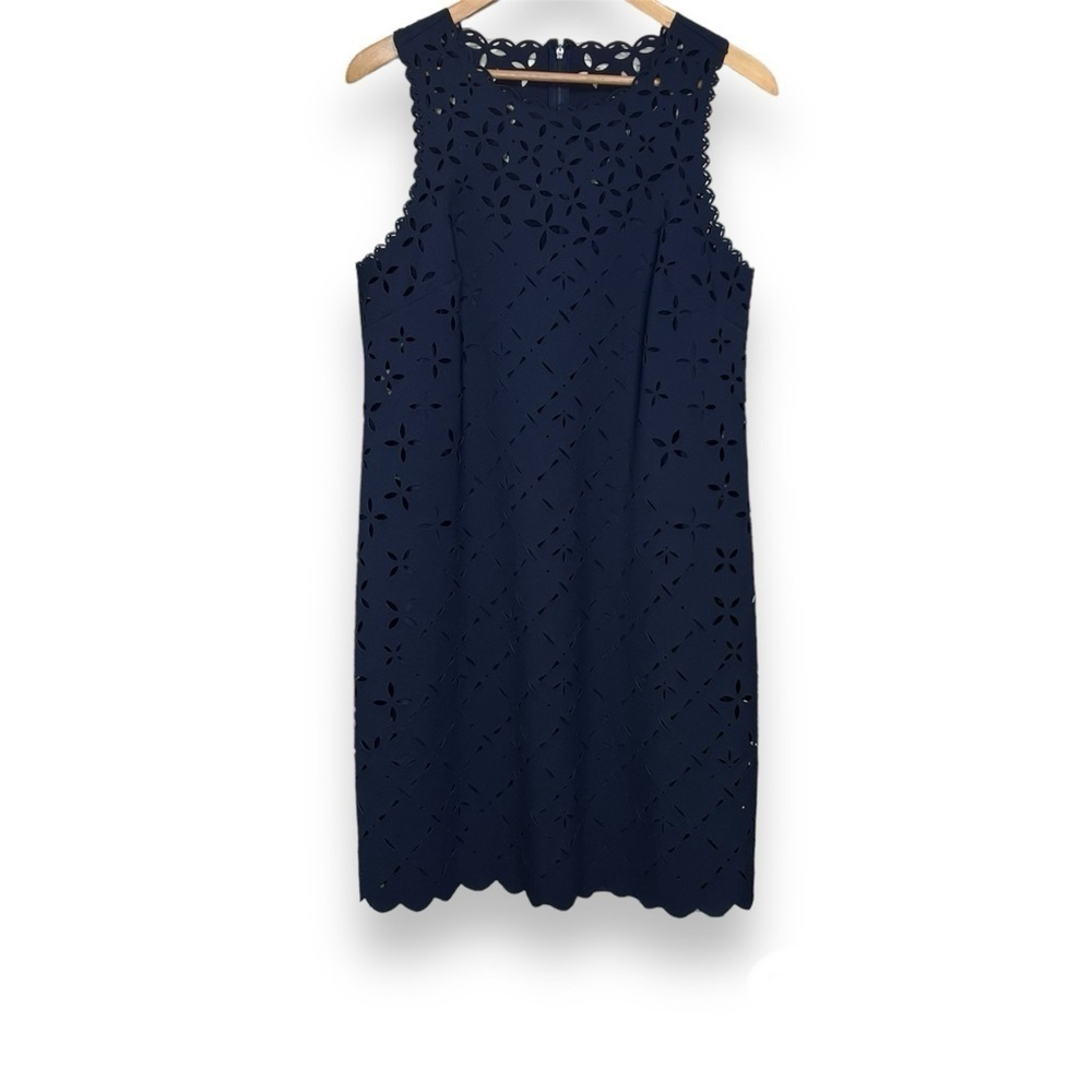 J. CREW Women’s 10 Navy Blue‎ Laser Cut Floral Eyelet Shift Dress Scalloped Edge